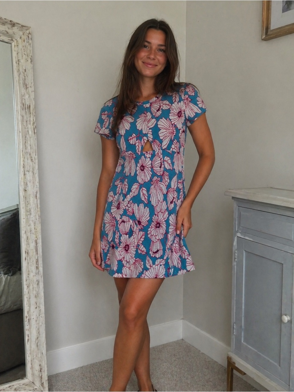 Zara Jacquard Blue Floral Short Sleeve Shift Dress